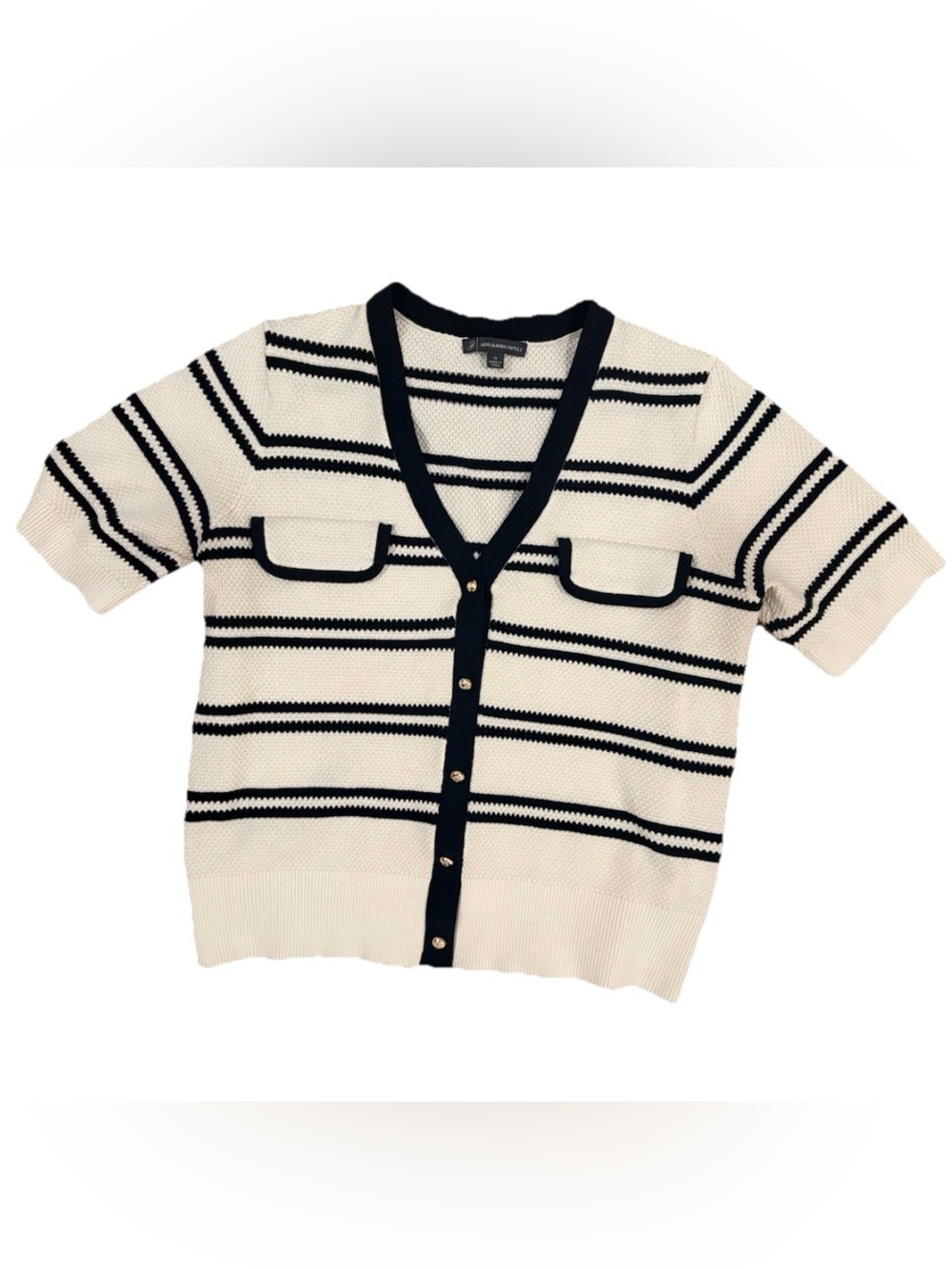 Adrianna Papell Ivory White and Black Striped Cardigan Gold Buttons Size Medium
